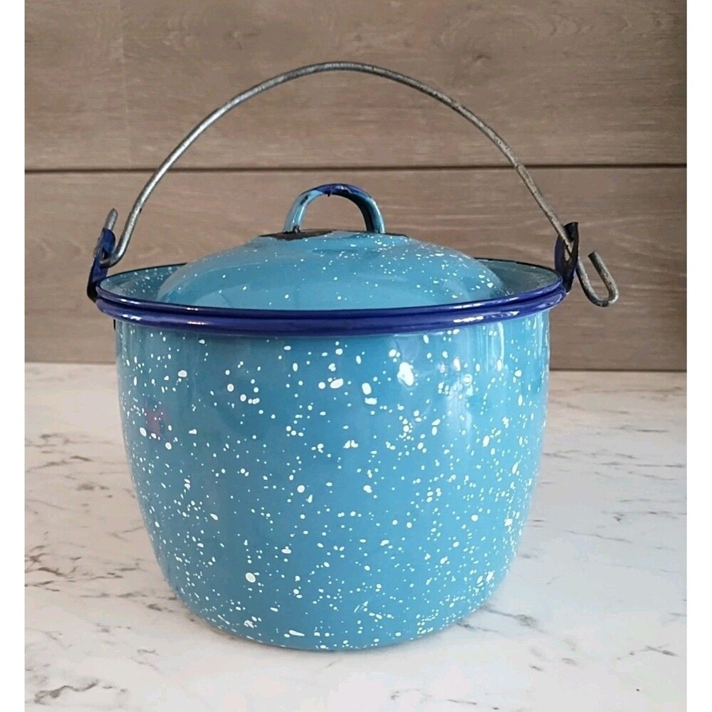 Vintage Enamel Berry Pail Bucket Blue Speckled Graniteware With Lid Wire Handle